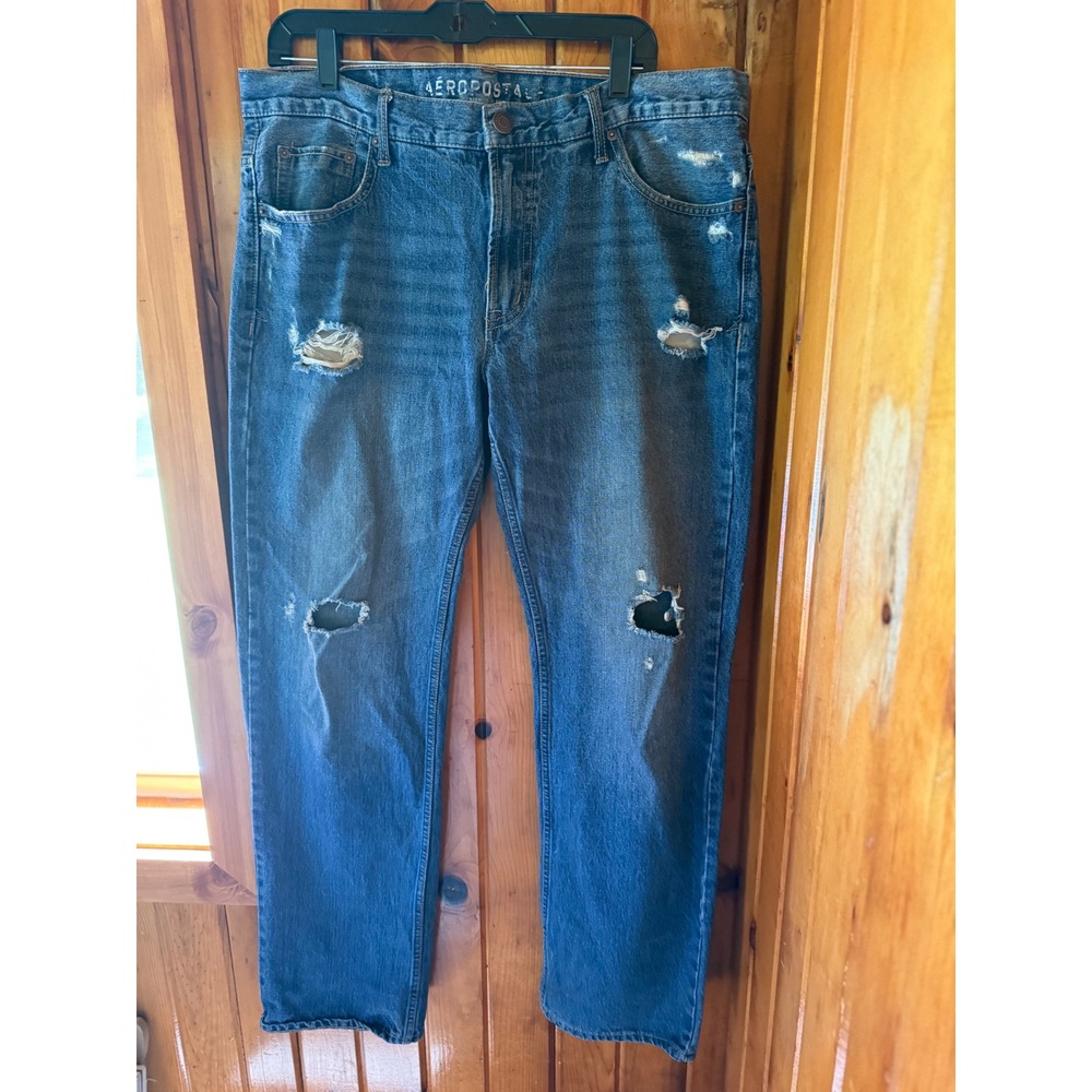 Aeropostale Distressed Denim Jeans Ripped Holes Blue Wash Casual Mens Size 34x32